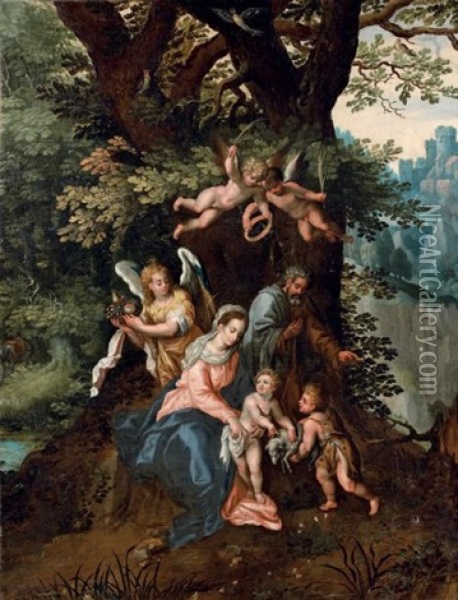 La Sainte Famille Avec Saint Jean-baptiste Et Des Anges Dans Un Paysage Boise Oil Painting - Hendrick De Clerck