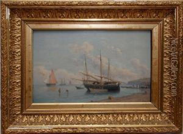Boats & Figure Son Shoreline Oil Painting - Louis Mennet