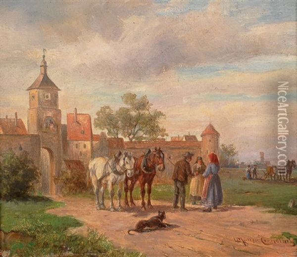 Encounter Outside The Town Oil Painting - Ludwig Mueller-Cornelius