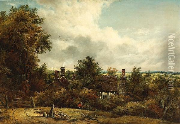 Old Cottages By A Wood Oil Painting - Frederick Waters Watts