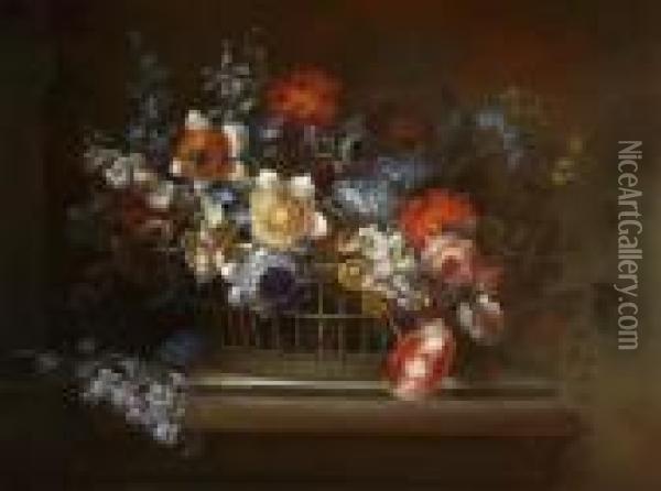 Blumenkorb Auf Einer Tischplatte Oil Painting - Jean-Baptiste Monnoyer