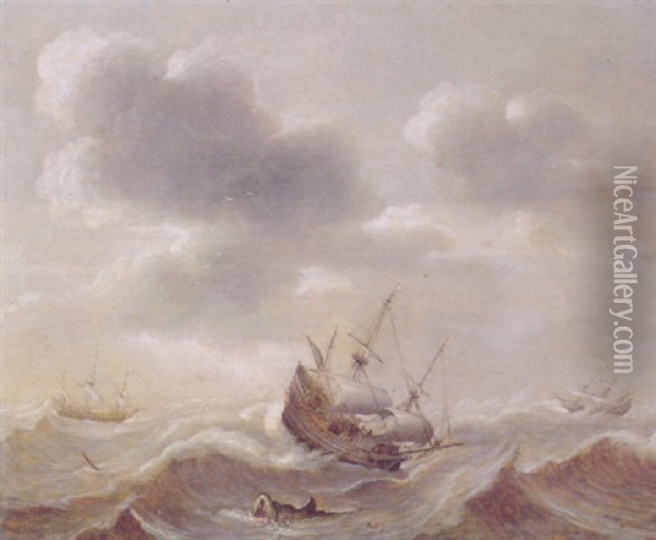 A Threemaster Offshore In A Gale With Jonah And The Whale, Other Shipping Beyond Oil Painting - Pieter Mulier the Elder