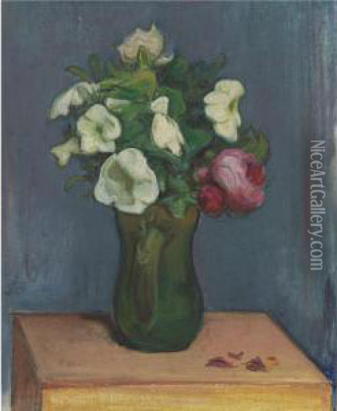 Cruche De Fleurs Blanches Et Une Rose Oil Painting - Wladyslaw Slewinski