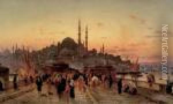 Le Pont De Galata Au Crepuscule Avec La Mosquee Yeni Valide Djami Oil Painting - Hermann David Salomon Corrodi