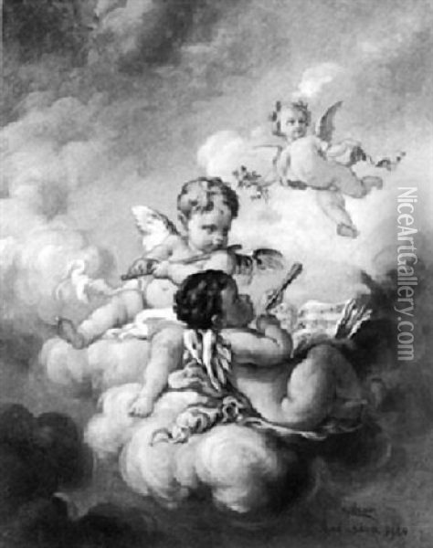 Musizierende Putti In Den Wolken Oil Painting - Alphons Moor