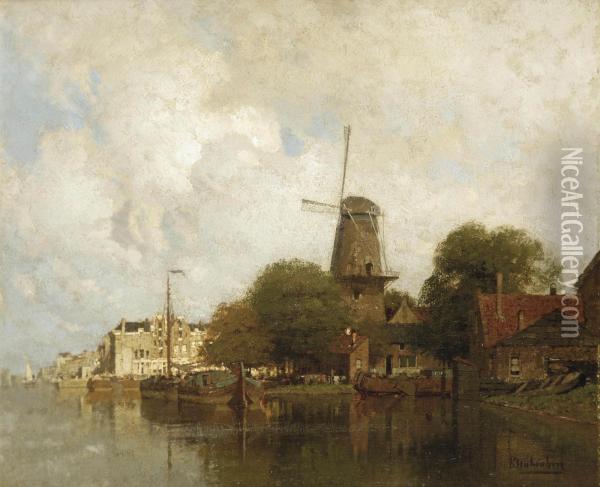A Windmill Along The River Amstel, Amsterdam Oil Painting - Johannes Christiaan Karel Klinkenberg