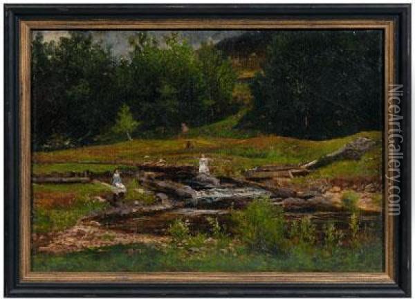 Two Women By A Mountain River Oil Painting - Thomas Corwin Lindsay