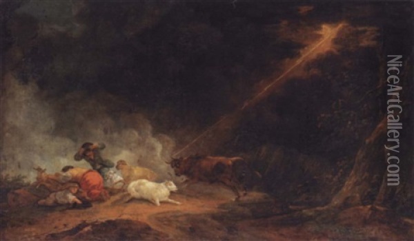 A Stormy Landscape With Shepherds And Their Flock Being Charged By A Bull Oil Painting - Philip James de Loutherbourg