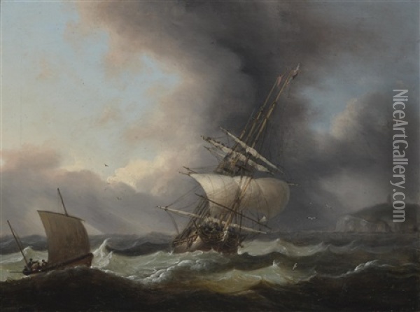 A Frigate Off The Coast Oil Painting - Thomas Luny