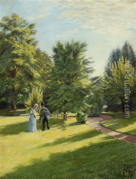 Scenery From The Park At Karise Folk High School With A Couple Playing Croquet Oil Painting - Poul S. Christiansen