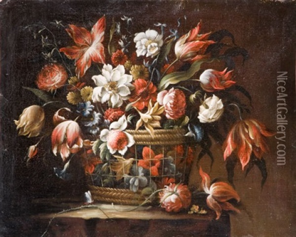 Rose, Anemoni, Tulipani E Altri Fiori In Un Cesto Di Vimini Oil Painting - Juan De Arellano