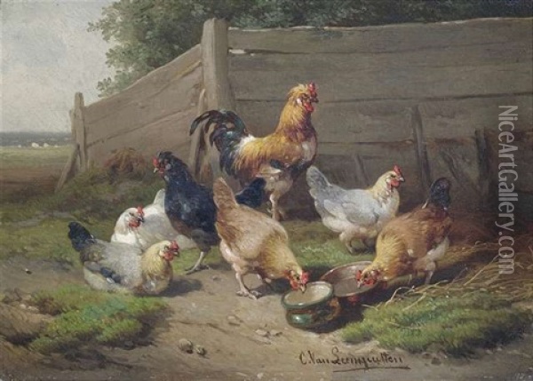 Auf Einem Huhnerhof (+ Gegenstucke; 2 Works) Oil Painting - Cornelis van Leemputten