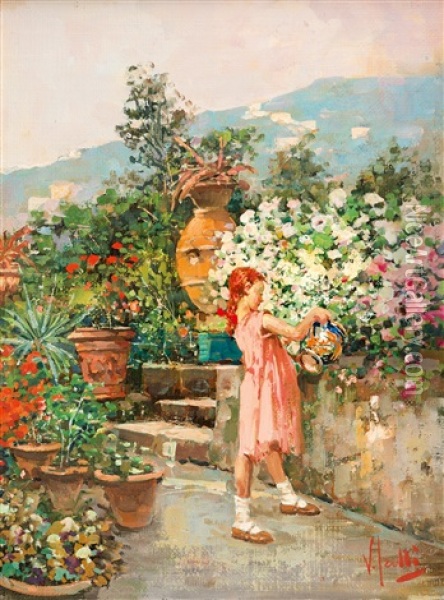 Bambina In Terrazza (madchen Auf Der Terrasse) Oil Painting - Vincenzo Irolli