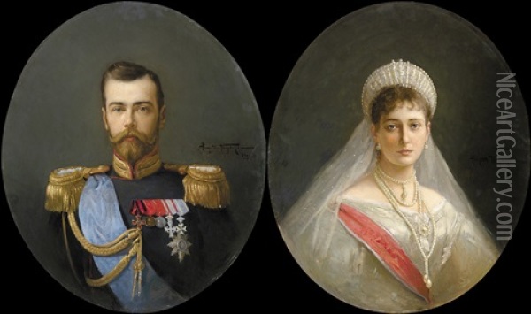 Portrait Of Nikolai Ii (+ Portrait Of Alexandra Fedorovna; 2 Works) Oil Painting - Alexandr Vladimirovich Makovsky