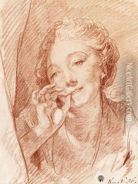 A young woman appearing behind a curtain, her hand at her mouth Oil Painting - Jean Baptiste Greuze