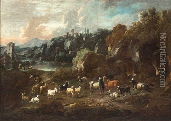 Sudliche Arkadische Landschaft Mit Groser Herde Aus Kuhen, Ziegen Und Schafen Oil Painting - Cajetan Roos