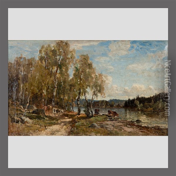 Cows By The Lake Oil Painting - Berndt Adolf Lindholm