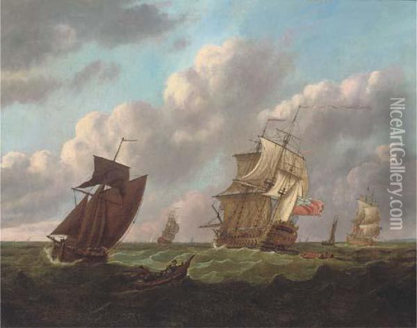 Two Flagships Passing In The Channel Oil Painting - Francis Swaine