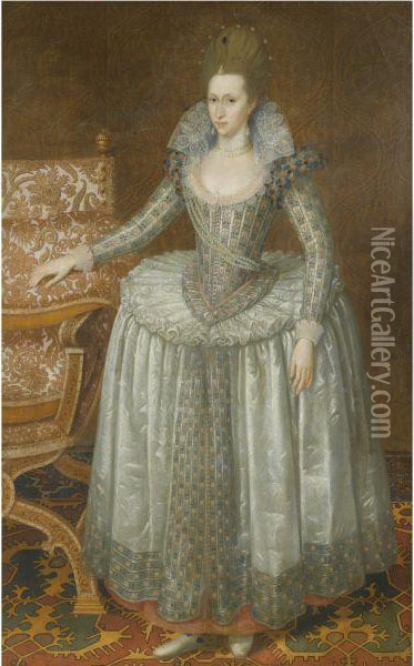 Portrait Of Anne Of Denmark (1574-1619), Wearing A Whitefarthingale Dress And Pearl Sash Oil Painting - John de Critz