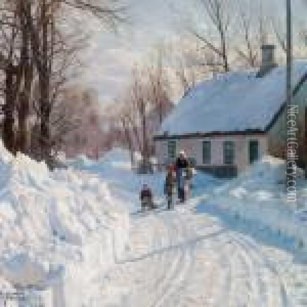 A Winter Day With Twochildren And An Old Woman With A Sledge Oil Painting - Peder Mork Monsted