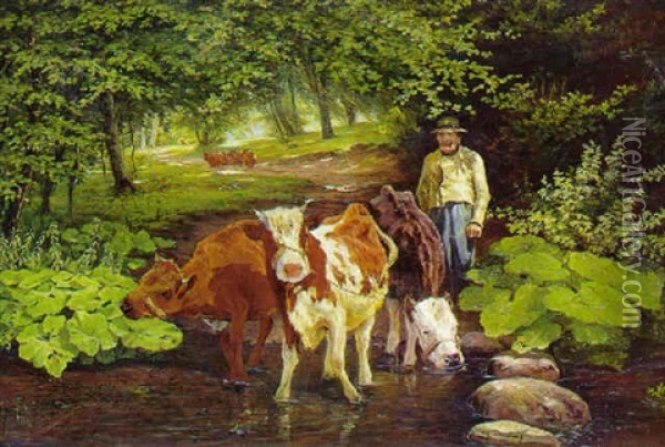 Mand Der Vander Sine Koer I Et Vandhul I Skoven Oil Painting - Theodor Philipsen