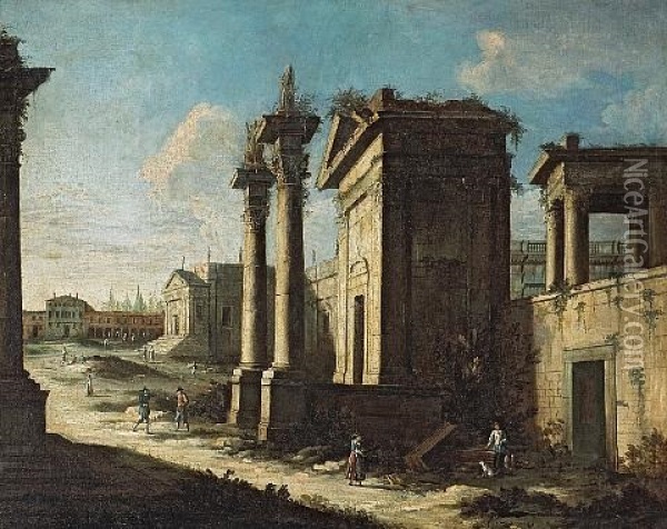 A View Of Ruins With Figures Oil Painting - Leonardo Coccorante