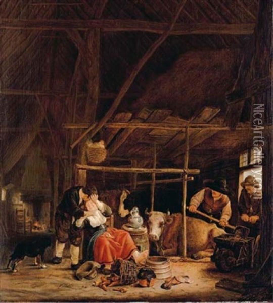 An Amorous Couple In A Barn With Herdsmen At The Door Oil Painting - Govert Dircksz Camphuysen