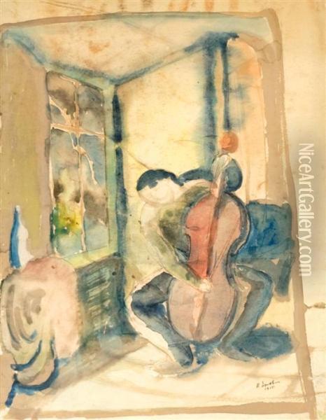 Musician In Interior Oil Painting - Henri Epstein