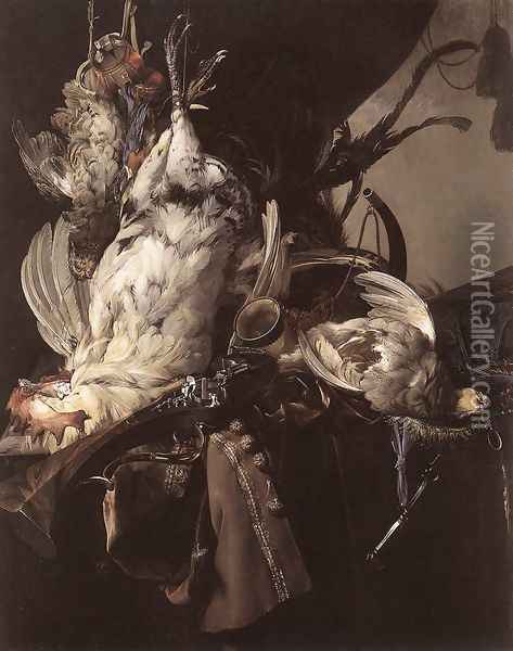 Still Life Of Dead Birds And Hunting Weapons 1660 Oil Painting - Willem Van Aelst