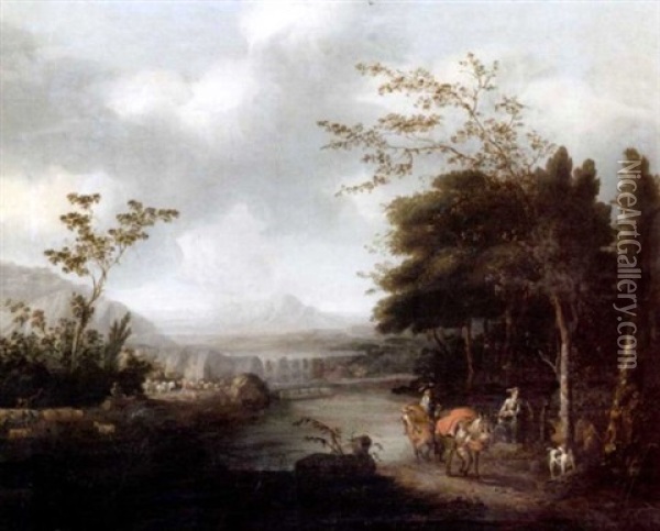 Huntsmen In A Wooded Landscape, A Waterfall And Mountains Beyond Oil Painting - Paulus de Fouchier