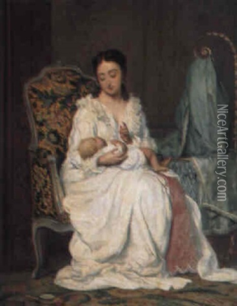 Interior Med Mor Og Barn Oil Painting - Adolphe Henri Dubasty
