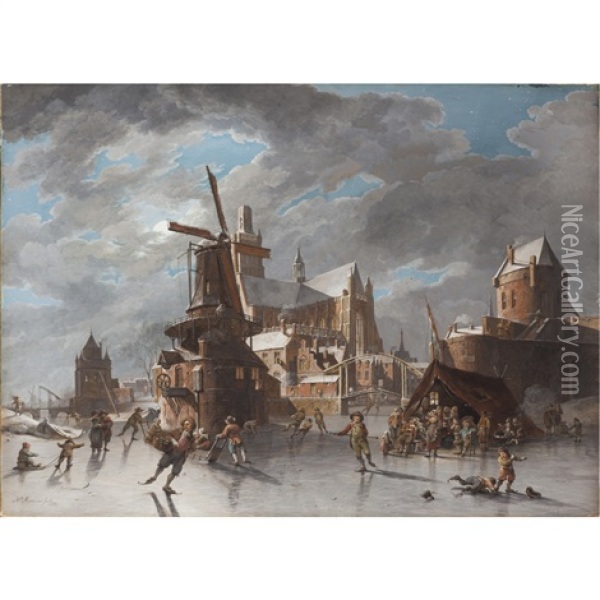 A Busy Dutch Townscape With Figures Skating On A Frozen Canal By Moonlight Oil Painting - Hendrick de Meyer the Younger