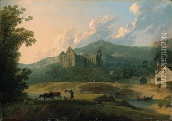 View Of Tintern Abbey, With A Herdsman And Livestock In Theforeground Oil Painting - Nicholson, F.