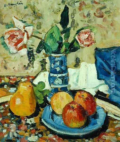 Apples Pears and Roses Oil Painting - George Leslie Hunter
