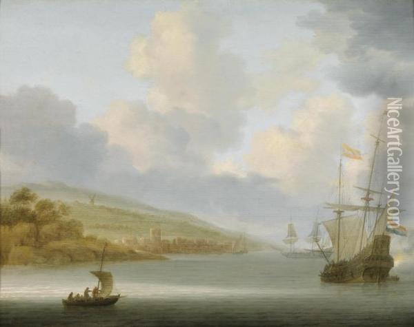 Ships At Anchor Before A Coastallandscape Oil Painting - Willem van Diest