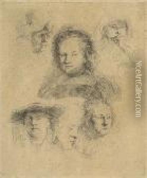 Sheet Of Studies: Head Of Saskia And Others Oil Painting - Rembrandt Van Rijn