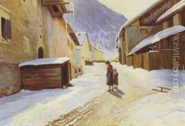 Gadeparti Med To Smapiger, Vinter Oil Painting - Sigvard Marius Hansen