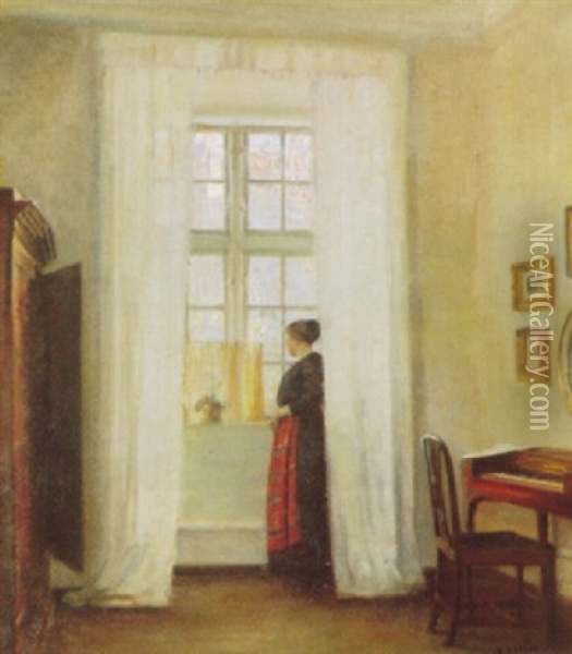 Interior Med Ung Pige Ved Vinduet Oil Painting - Carl Vilhelm Holsoe