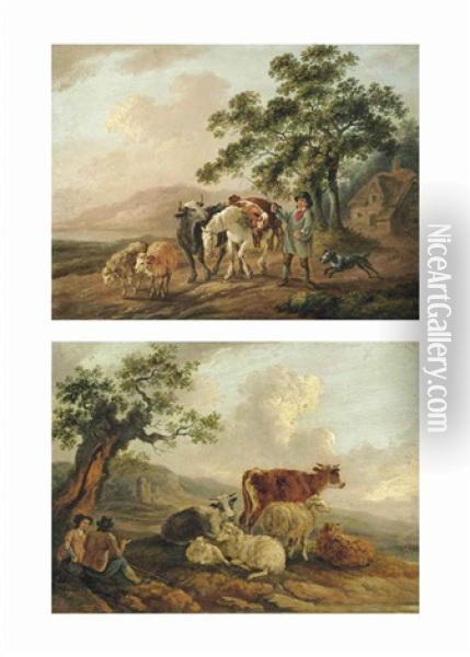 A Wooded Landscape With A Drover And A Shepherdess At Rest With Their Cattle...; A Wooded Landscape With A Drover And His Cattle With A Dog... (pair) Oil Painting - Peter La Cave