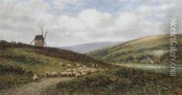 Shepherd And Flock On A Hillside Oil Painting - Alfred Augustus Glendening