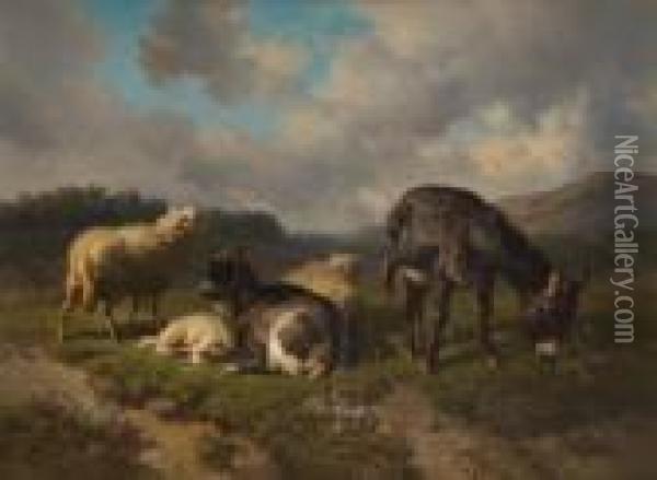 Moutons Et Chevre Surfond De Paysage Oil Painting - Louis Marie Dominique Romain Robbe