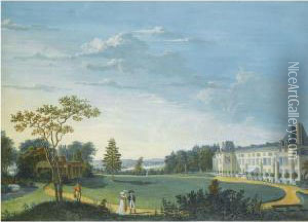 View Of The Gardens And Facade Of The Chateau De Malmaison, Nearparis, With Napoleon And Josephine Strolling In Theforeground Oil Painting - Antoine Pierre Mongin
