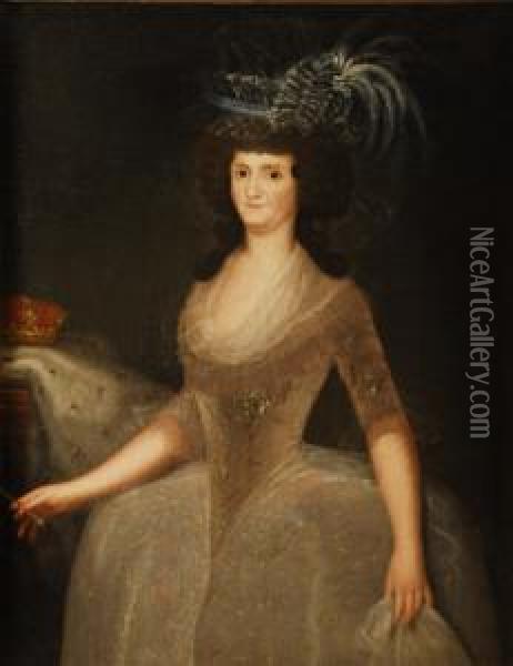 Retrato De La Reina Maria Luisa De Parma, De Tres Cuartos, Contocado De Plumas, H. 1790 Oil Painting - Augustin Esteve