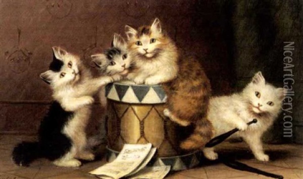 Vier Katzen Spielen Mit Einer Trommel Oil Painting - Josef Sperlich
