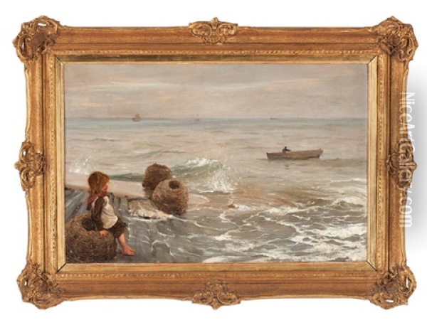 Flicka Vid Kaj Oil Painting - August Vilhelm Nikolaus Hagborg