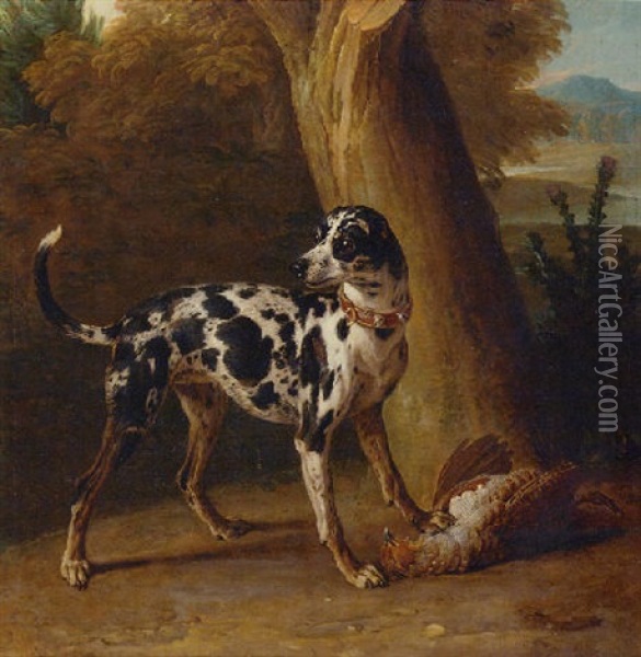 A Hunting Dog With A Dead Partridge In A Landscape Oil Painting - Jean-Baptiste Oudry