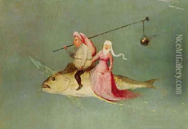 The Temptation of St. Anthony, right hand panel (detail of a couple riding a fish) Oil Painting - Hieronymous Bosch