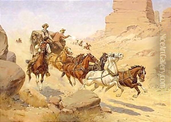 Attack on the stagecoach Oil Painting - Herman Wendleborg Hansen