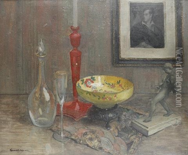 Still Life With Bowl And Red Candlestick Oil Painting - Franck Spenlove-Spenlove