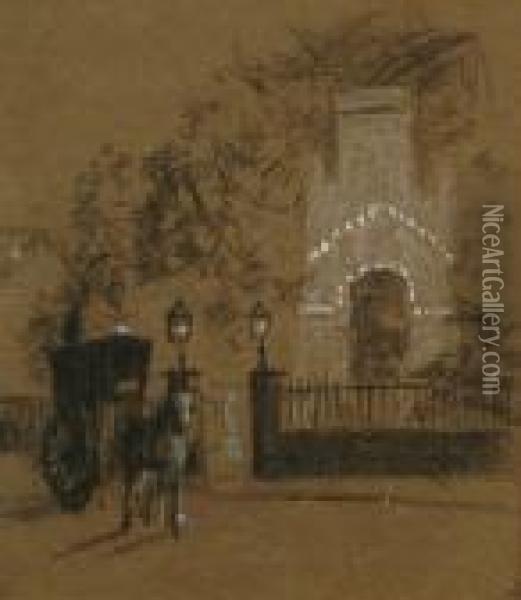 'the Gates Of Cremorne Pleasure Gardens (whistler's Carriage Waiting Outside)' Oil Painting - Walter Greaves